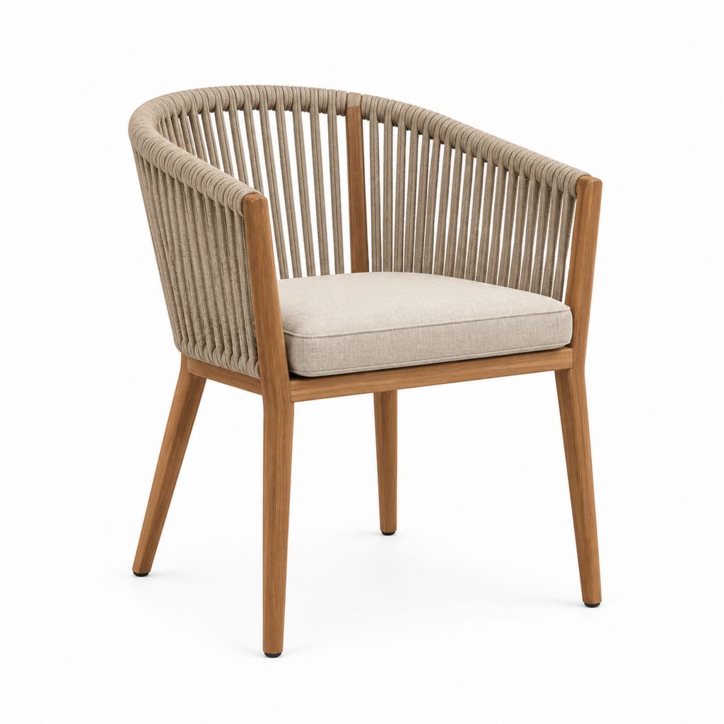 Chaise de salle à manger avec accoudoirs beige en bois massif et corde de polyester 58 x 60 x 79 cm