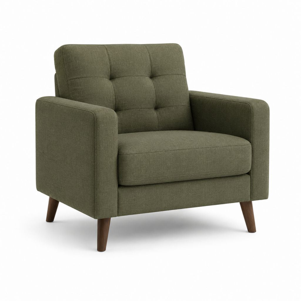 Fauteuil de salon 1 place vert olive en polyester avec pieds en hévéa massif 90 x 85 x 90 cm