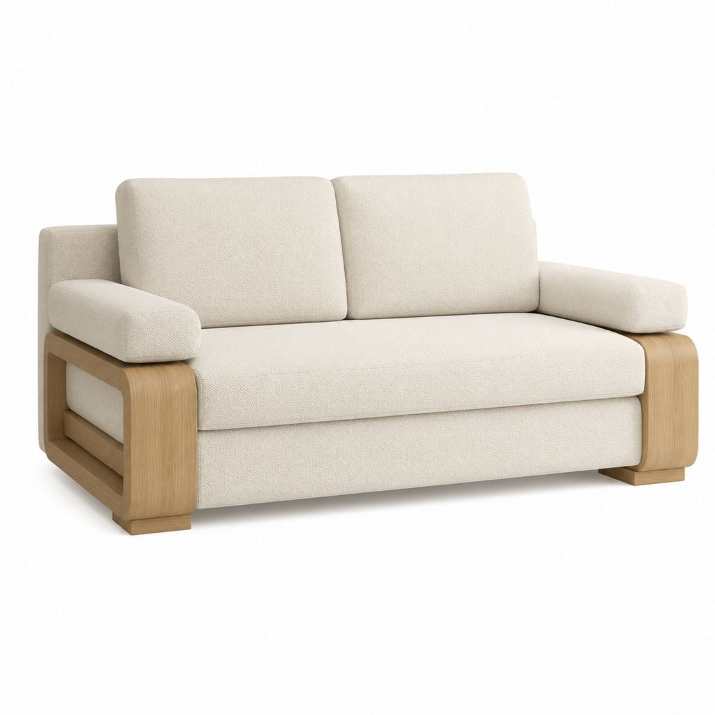 Canapé 2 places rectangulaire beige en polyester avec structure plaquée chêne 170 x 90 x 82 cm
