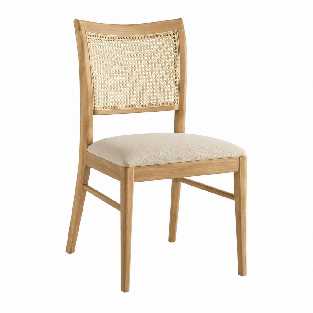 Chaise de salle à manger en chêne massif naturel avec dossier en rotin et assise en polyester 48 x 57 x 86 cm