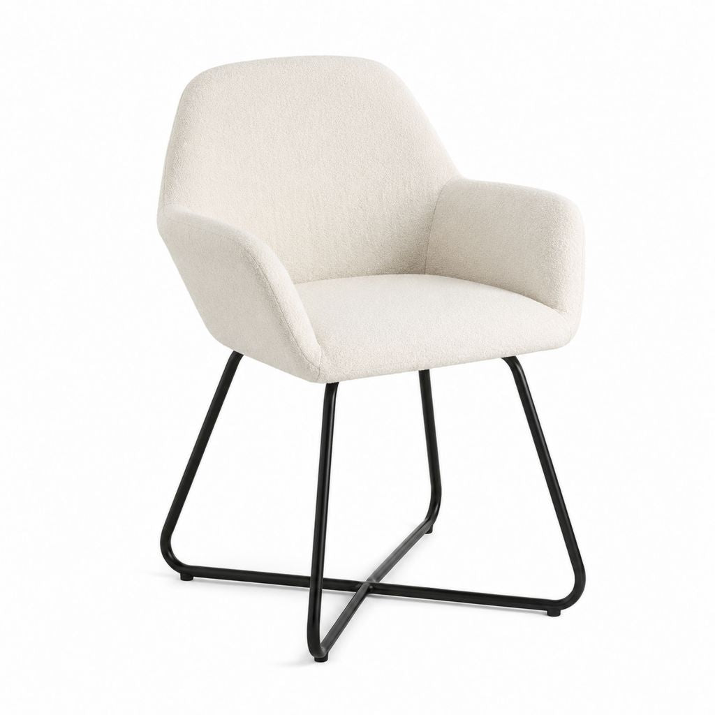 Chaise de salle à manger avec accoudoirs écrue en polyester bouclette et acier forme arrondie 58 x 61 x 83 cm