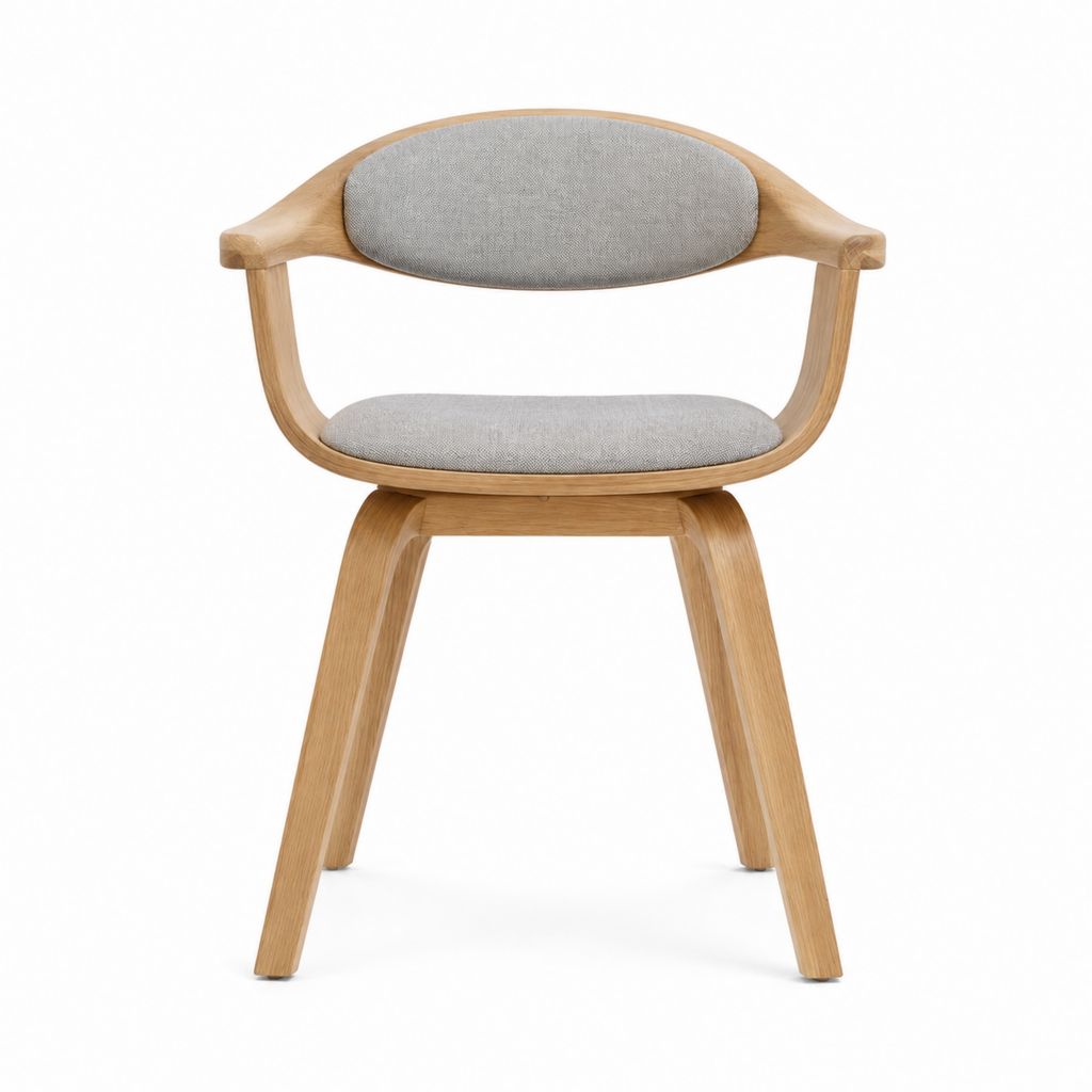 Chaise de salle à manger avec accoudoirs en chêne massif naturel et polyester gris arrondie H 78 x L 56 x P 55 cm
