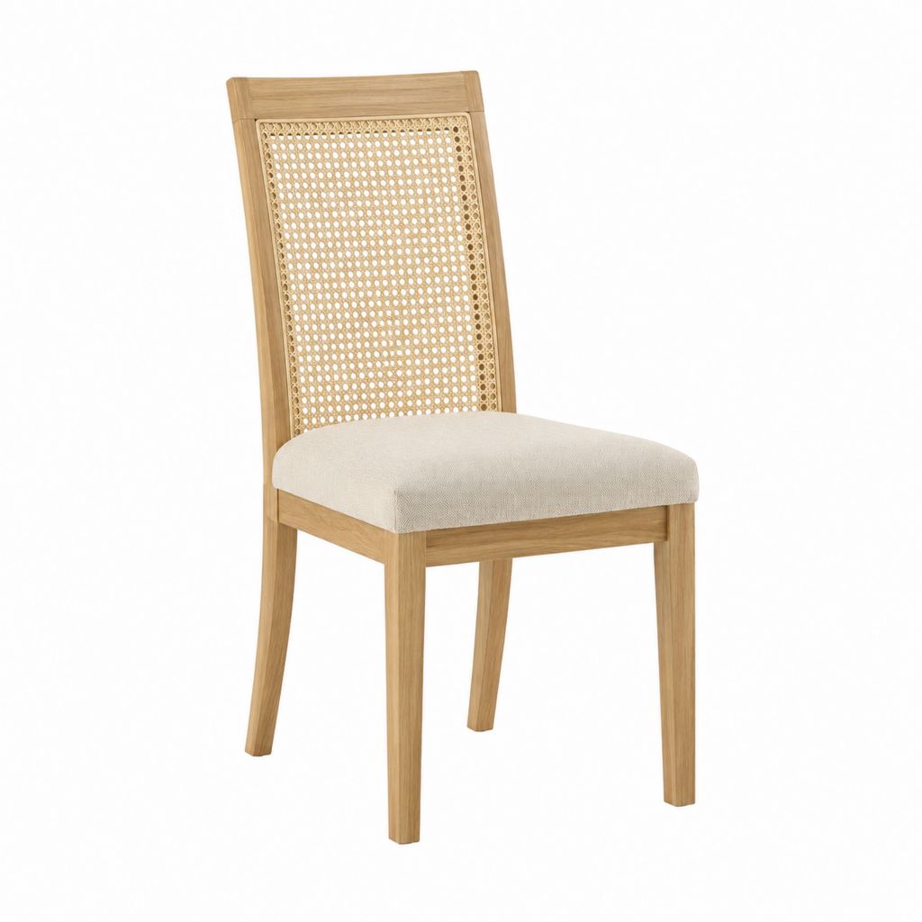 Chaise de salle à manger beige en chêne massif avec dossier en rotin 45 x 55 x 95 cm