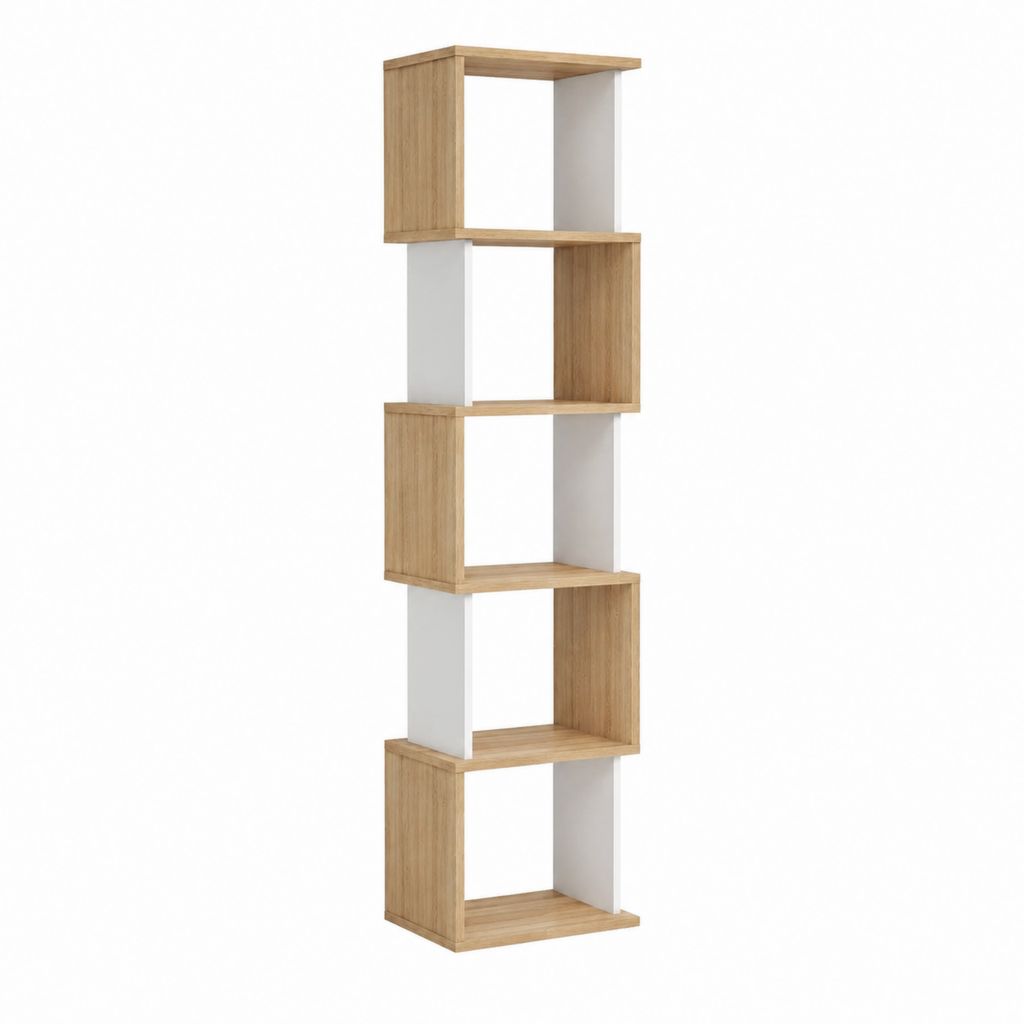 Bibliothèque colonne à 5 niches chêne clair et blanc en panneaux de particules 60 x 24 x 180 cm