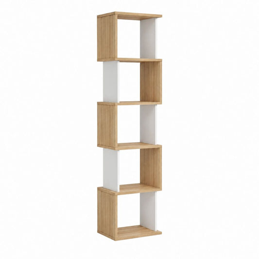Bibliothèque colonne à 5 niches chêne clair et blanc en panneaux de particules 60 x 24 x 180 cm