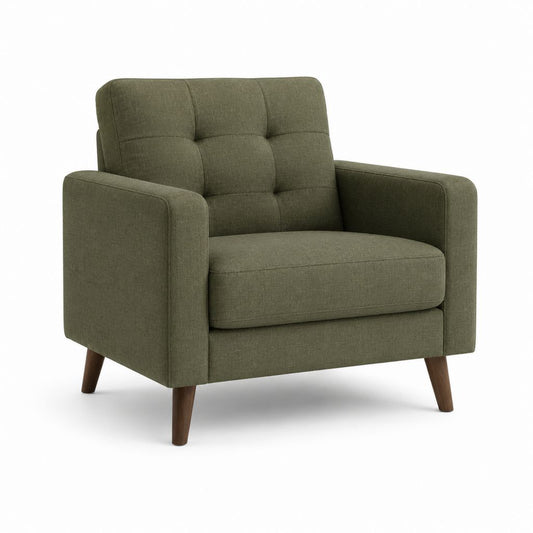 Fauteuil de salon 1 place vert olive en polyester avec pieds en hévéa massif 90 x 85 x 90 cm