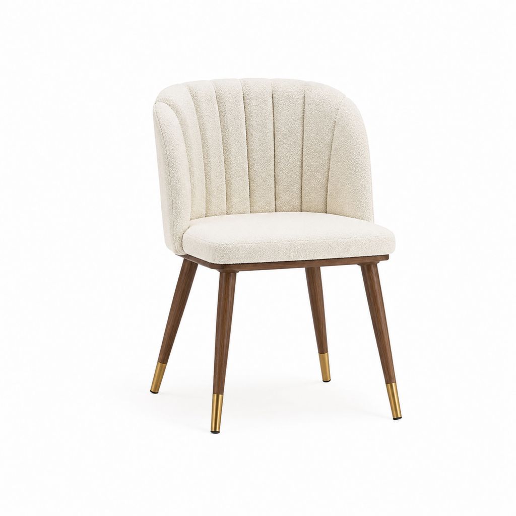 Chaise de salle à manger crème en polyester bouclé avec pieds en bois massif forme arrondie 58 x 61 x 82 cm