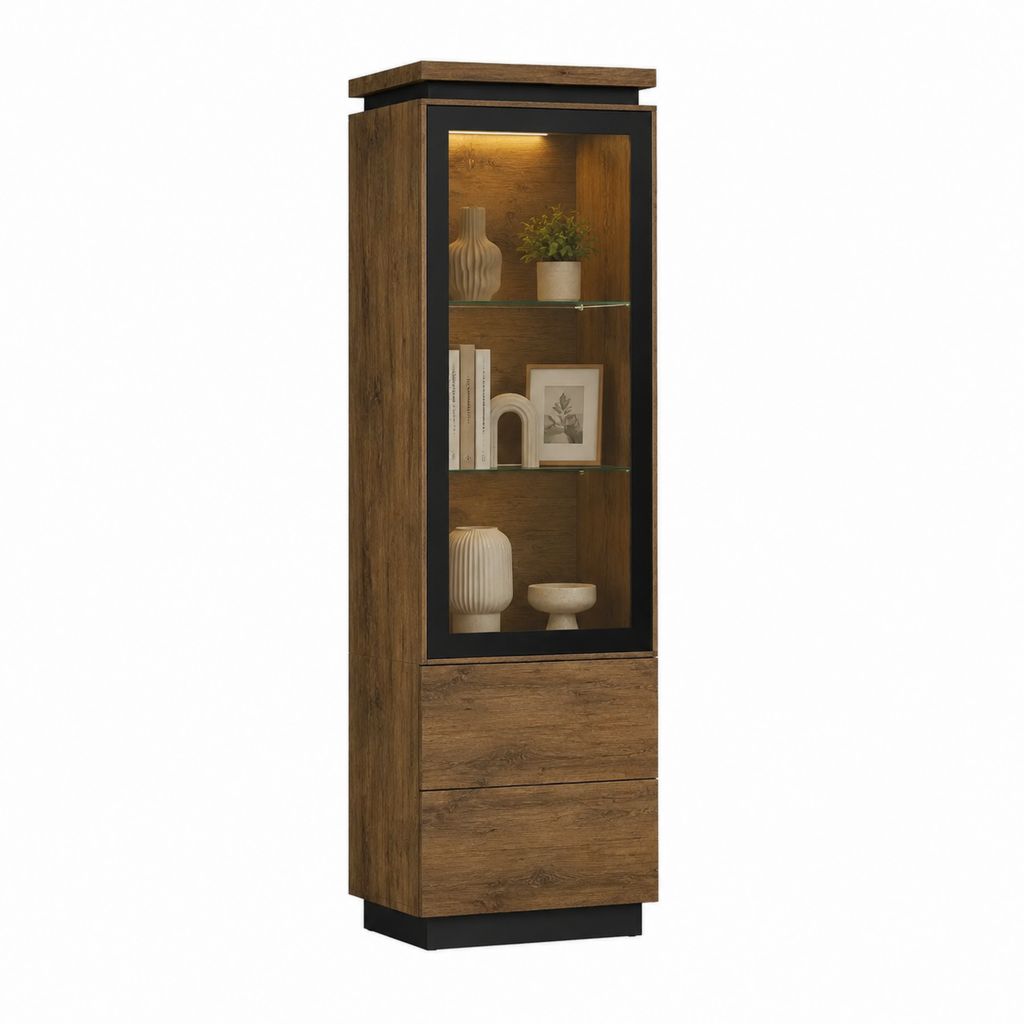 Vitrine de salon verticale marron noyer et noir en panneaux de particules avec verre trempé 60 x 40 x 190 cm