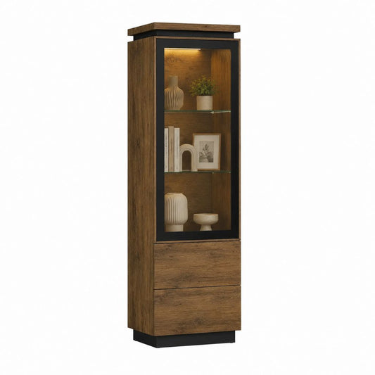 Vitrine de salon verticale marron noyer et noir en panneaux de particules avec verre trempé 60 x 40 x 190 cm