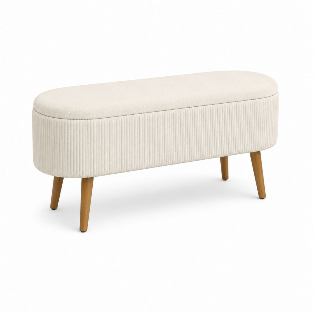 Banc de bout de lit ovale beige en polyester côtelé avec pieds en bois massif 100 x 40 x 45 cm