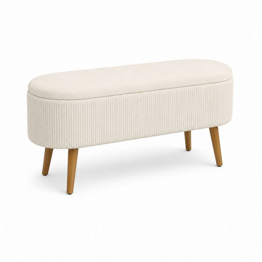 Banc de bout de lit ovale beige en polyester côtelé avec pieds en bois massif 100 x 40 x 45 cm