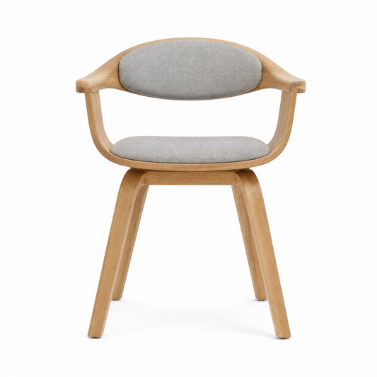 Chaise de salle à manger avec accoudoirs en chêne massif naturel et polyester gris arrondie H 78 x L 56 x P 55 cm